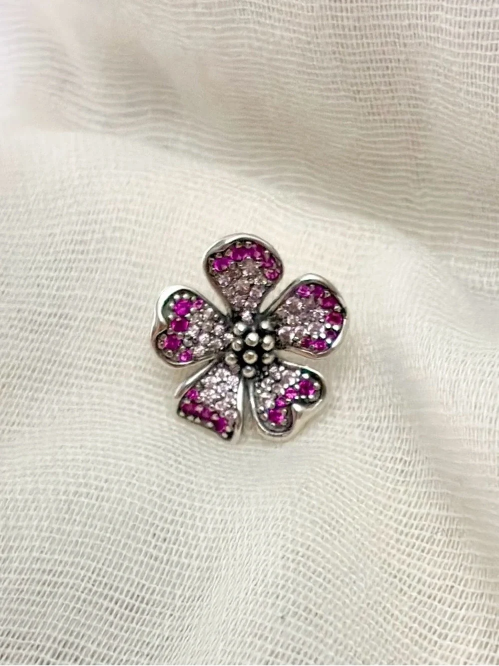 Pink Pavé Peach Blossom Oversized Flower Charm | 925 Sterling Silver, Pink CZs